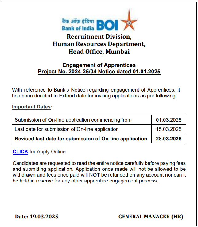 Bank of India Apprentice Recruitment 2025, Apply online Last Date Extended till 28 March_3.1