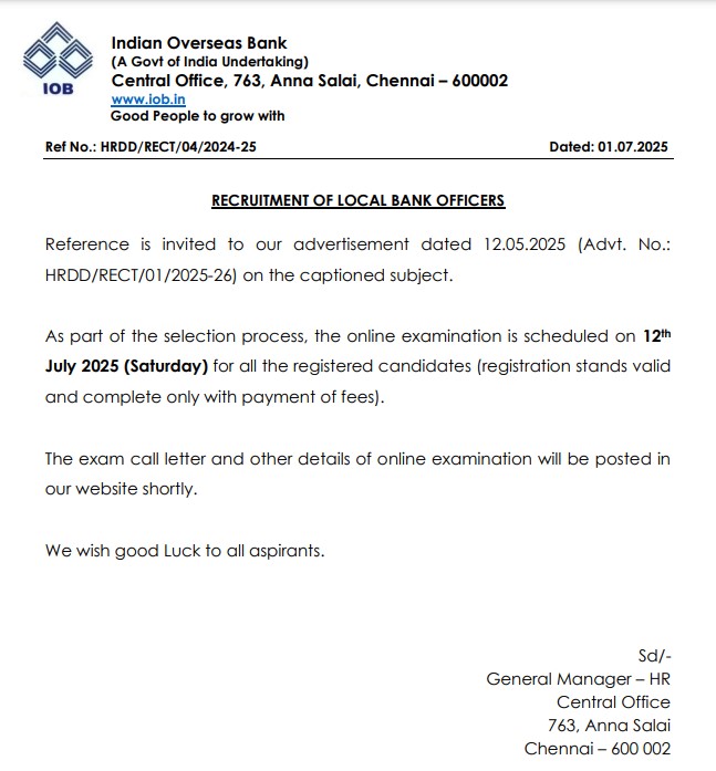 IOB LBO 2025 Exam Date, Admit Card (Out) for 400 Local Bank Officers Posts_3.1