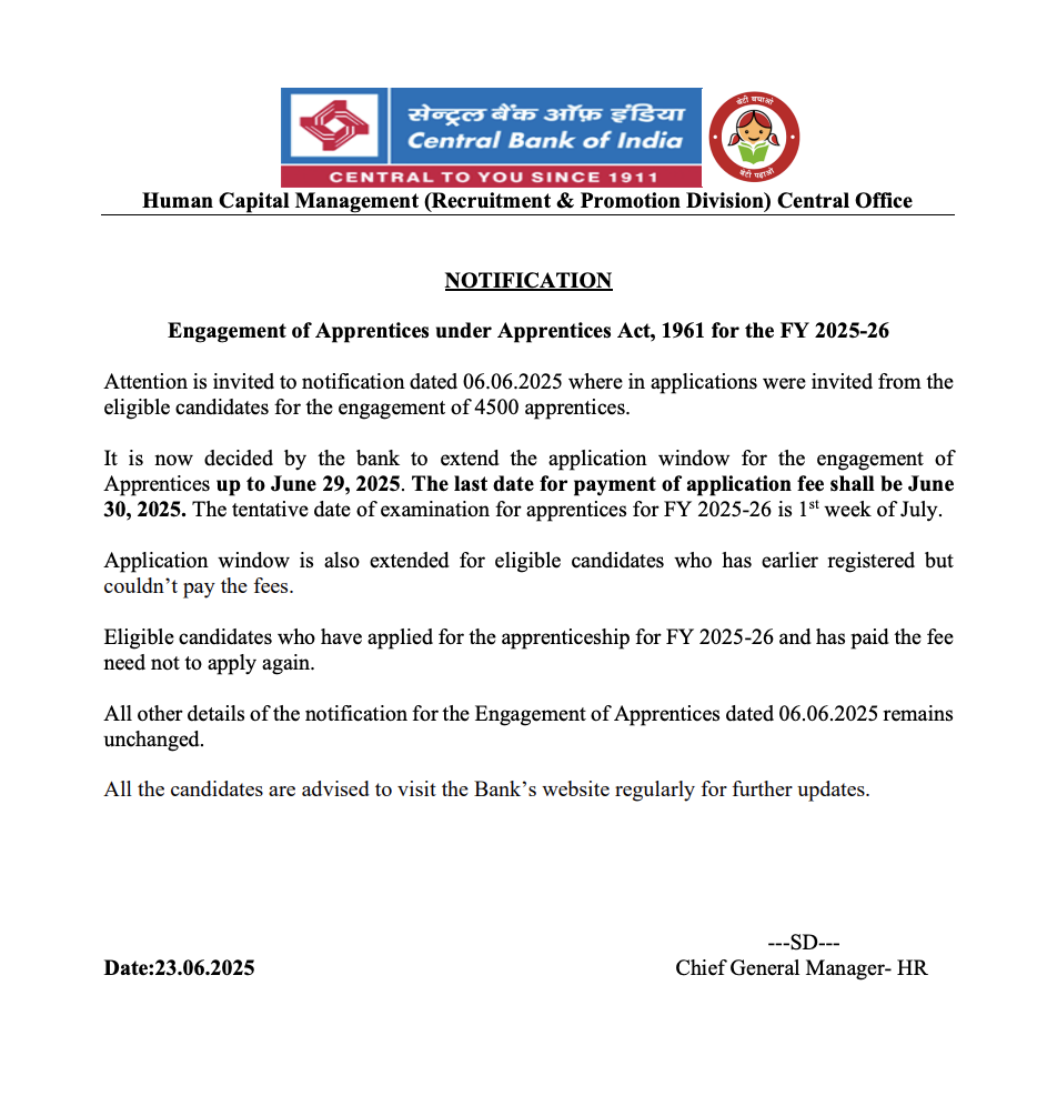 Central Bank Apprentice Recruitment 2025, Last Date Extended till 29 June_3.1