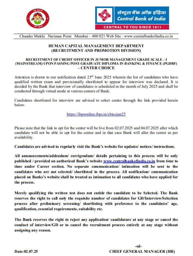 Central Bank of India Credit Officer Interview Details 2025 Out_3.1