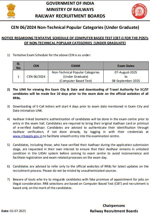 RRB NTPC Undergraduate Exam Date 2025 Out, Check Complete Exam Schedule_3.1