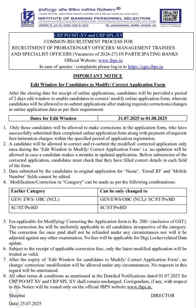 IBPS PO Recruitment 2025 Online Form Correction Window Notice Out_3.1