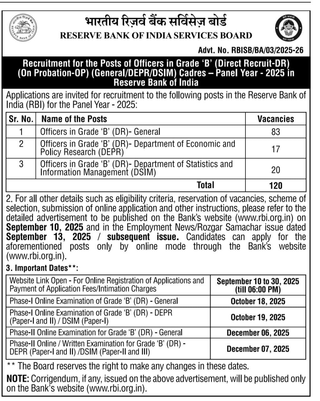 RBI Grade B Notification 2025 Out for 120 Vacancies_3.1