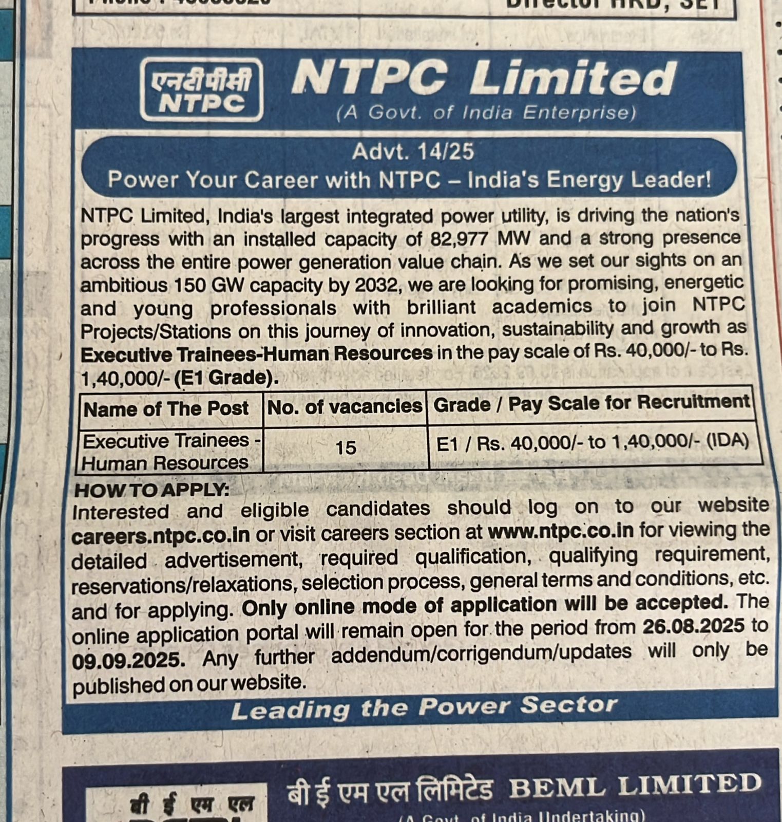 NTPC Executive Trainees Recruitment 2025 Notification Out for 15 Vacancies_3.1