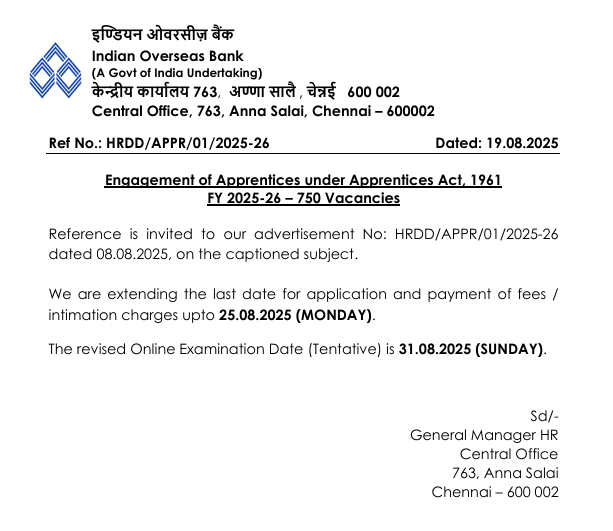 Indian Overseas Bank Apprentice Recruitment 2025, 750 Posts, Online Application Extended till 25th August_3.1