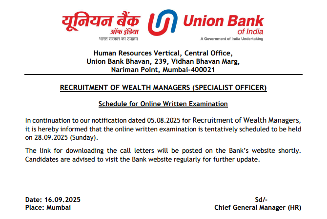 Union Bank Wealth Officer Exam Date 2025 Out, Check Complete Exam Scheduled for Online Exam_3.1