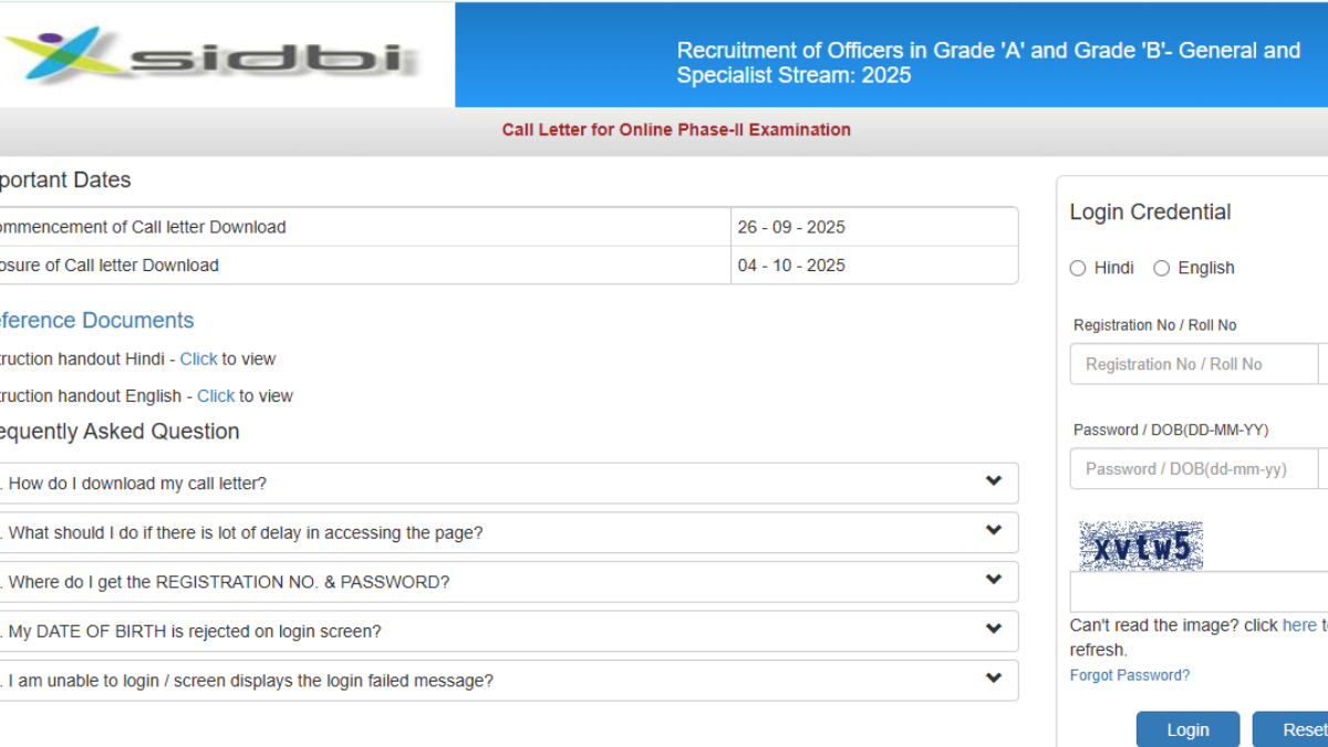 SIDBI Grade A & B Mains Admit Card