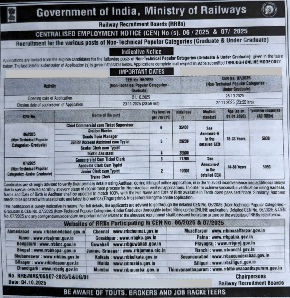 RRB NTPC Short Notification 2025-26 Out for 8850 Posts, Check Official Notice and Apply Online Dates_3.1