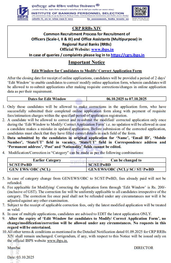 IBPS RRB 2025 Online Form Correction Edit Window Link Active till 7th October_3.1