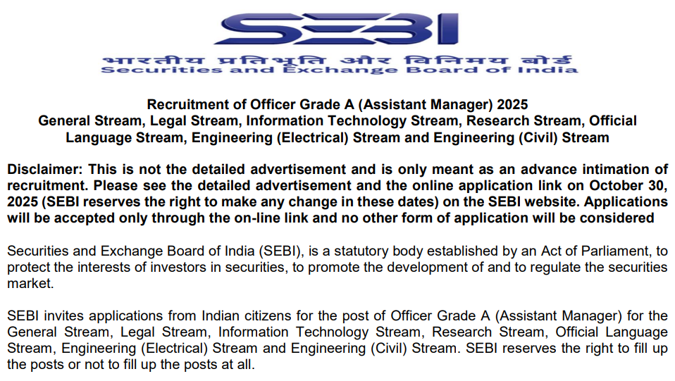 SEBI Grade A Notification 2025