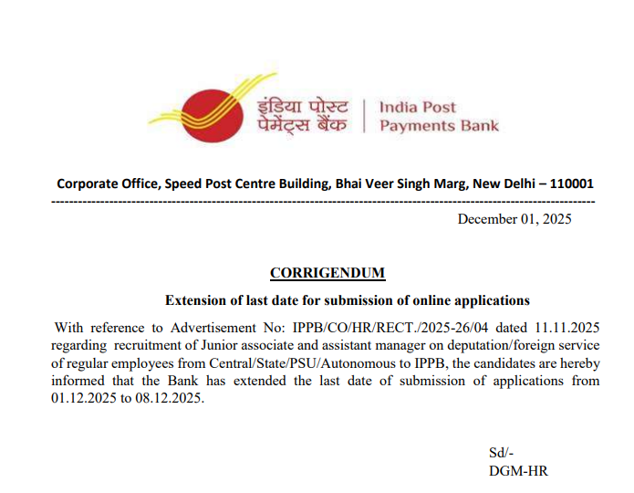 IPPB Recruitment 2025 Notification Out for 309 Posts, Online Application Extended till 08 December_3.1