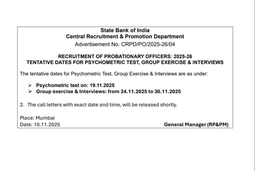 SBI PO interview dates