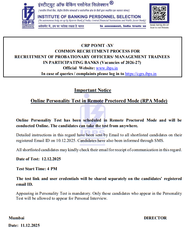 IBPS PO Personality Test 2025 Notice Out, Check All Instructions_3.1