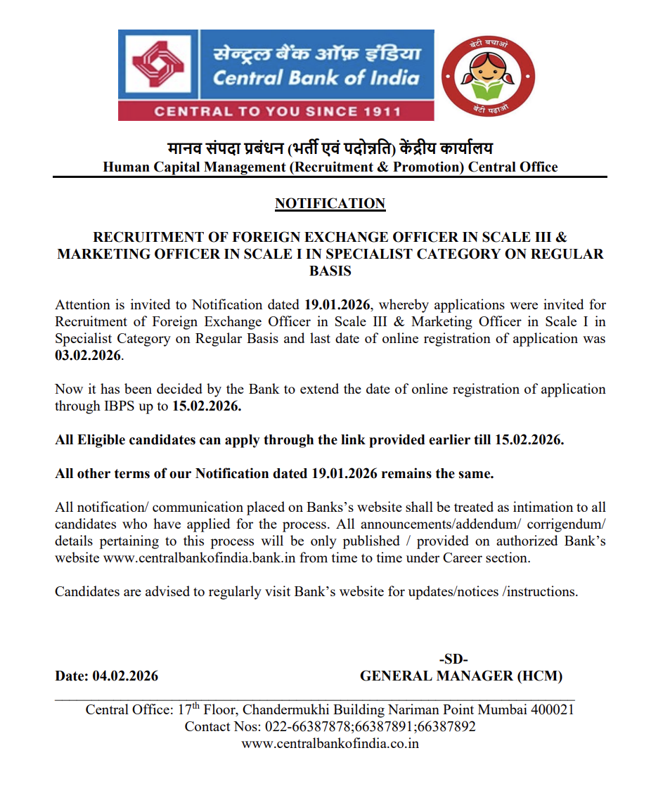 Central Bank of India Recruitment 2026, Apply Online Date Extended till 15 February for 350 Various Posts_3.1