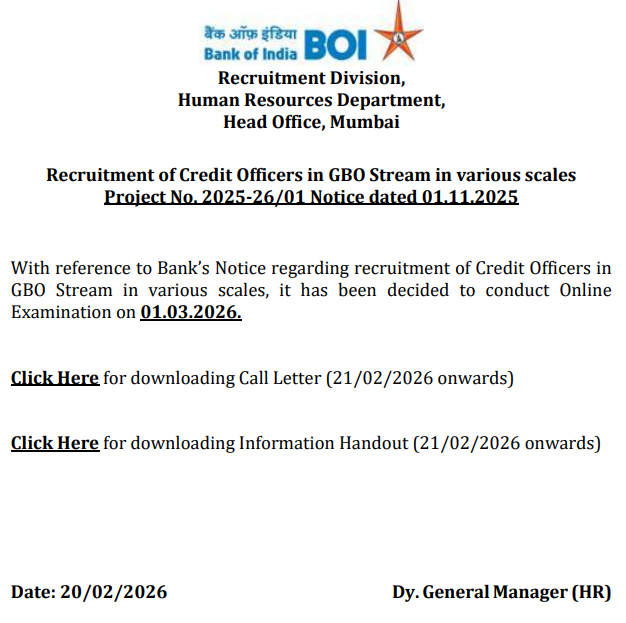बैंक ऑफ इंडिया क्रेडिट ऑफिसर एग्जाम डेट 2026 घोषित, 514 पदों पर 1 मार्च को होगी परीक्षा | Latest Hindi Banking jobs_4.1