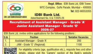 IDBI Recruitment 2026 Assistant Manager & JAM Notification Out for 1300 Posts