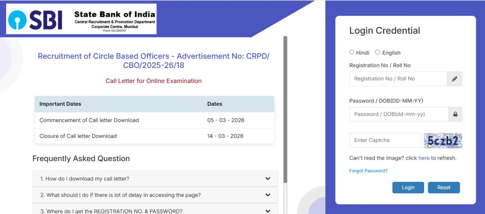 SBI CBO Admit Card 2026