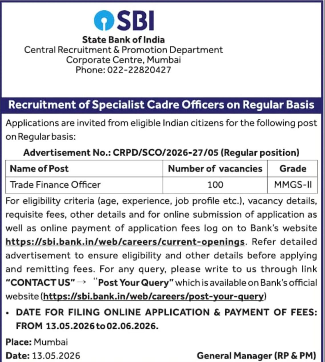 SBI SCO Recruitment 2026 Notification Out for 100 Trade Finance Officer Posts – Home_3.1