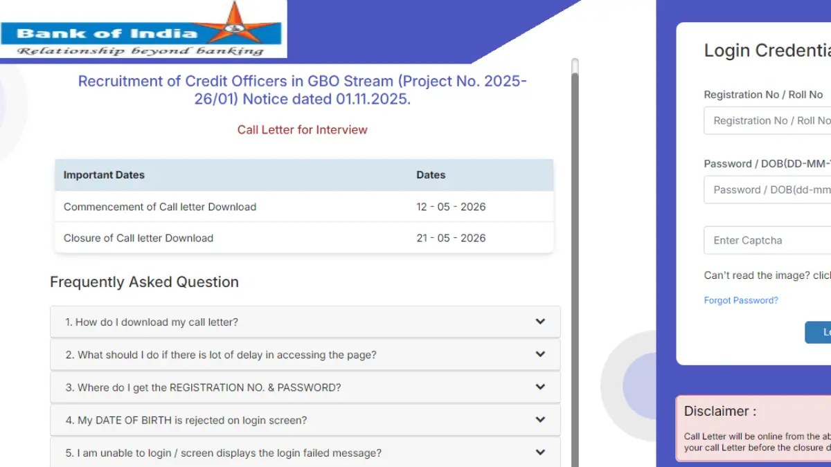 Bank of India Credit Officer Interview Call Letter 2026