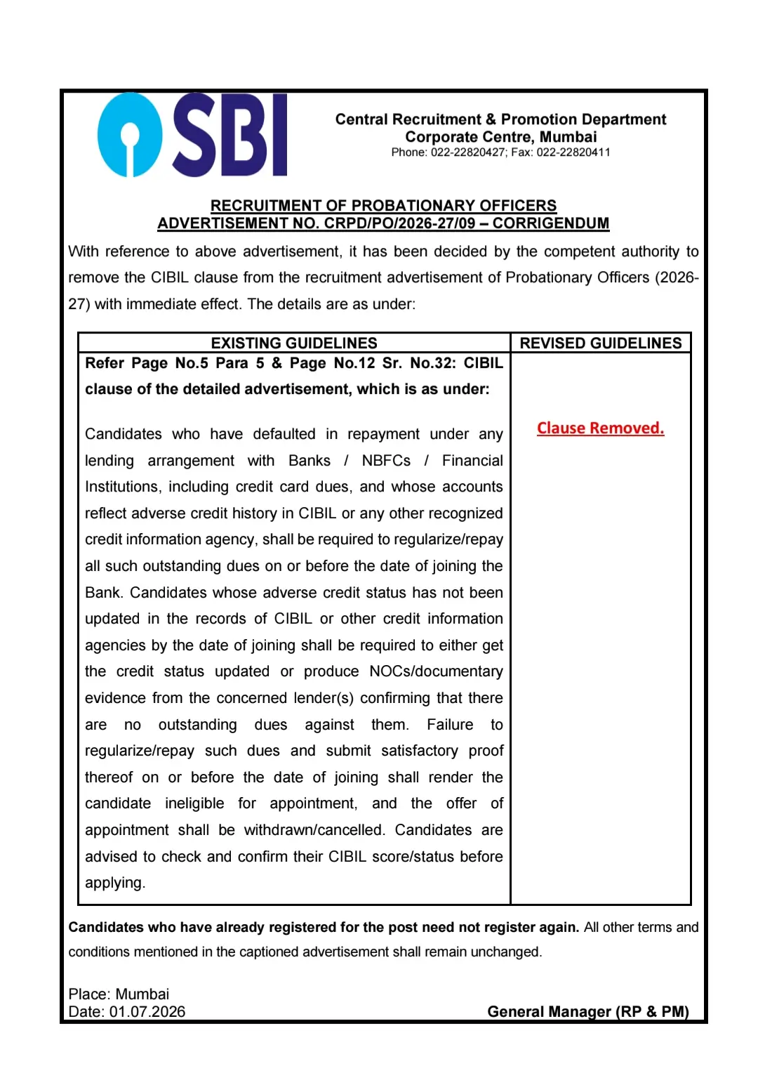 Big Relief for SBI PO Aspirants! SBI Removes CIBIL Clause from PO Recruitment 2026