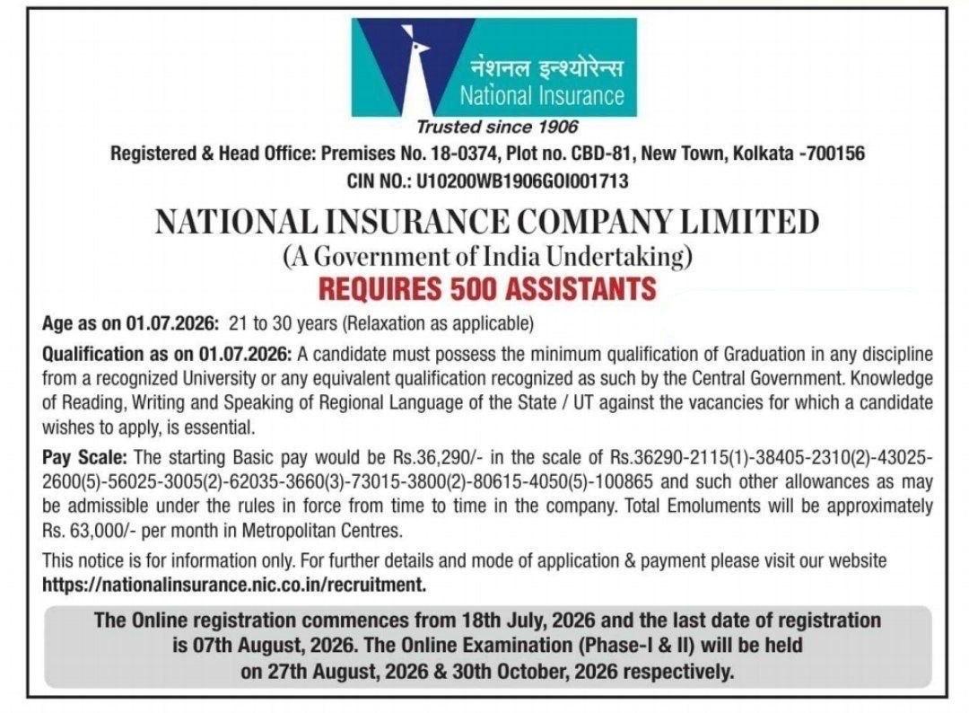 NICL Assistant Recruitment 2026 Notification Out for 500 Vacancies, Apply Online from 18 July – Home_3.1
