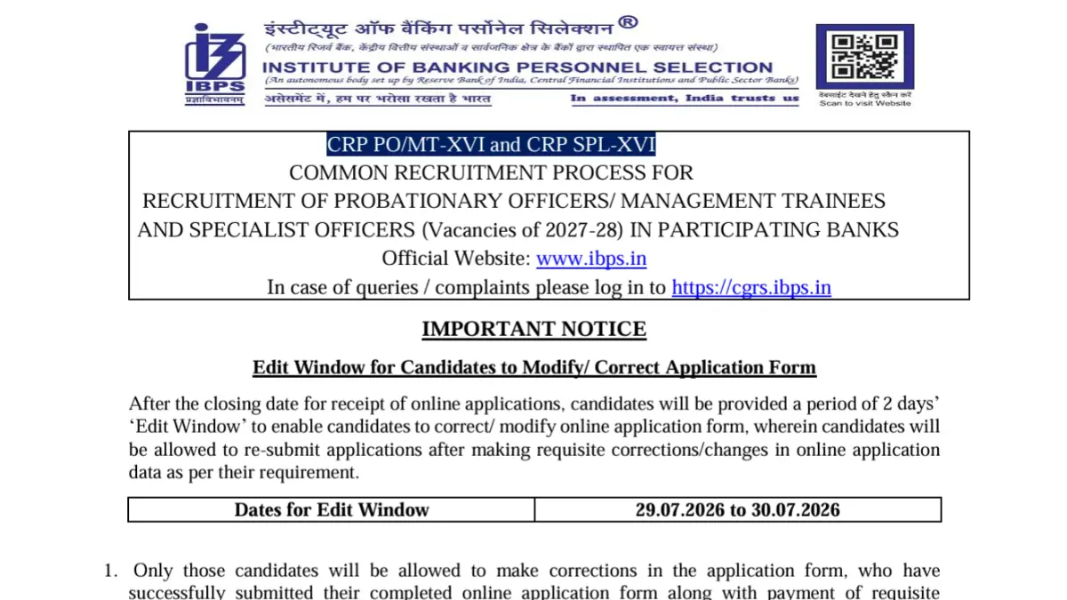 IBPS PO & SO Edit Window 2026