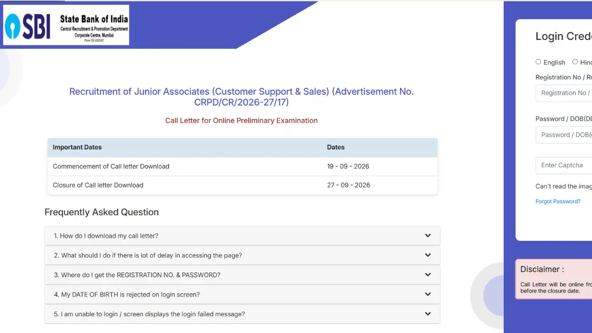 SBI Clerk Admit card 2026