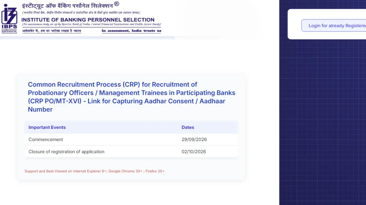 IBPS PO 2026 Link for Capturing Aadhaar Number, Direct Link