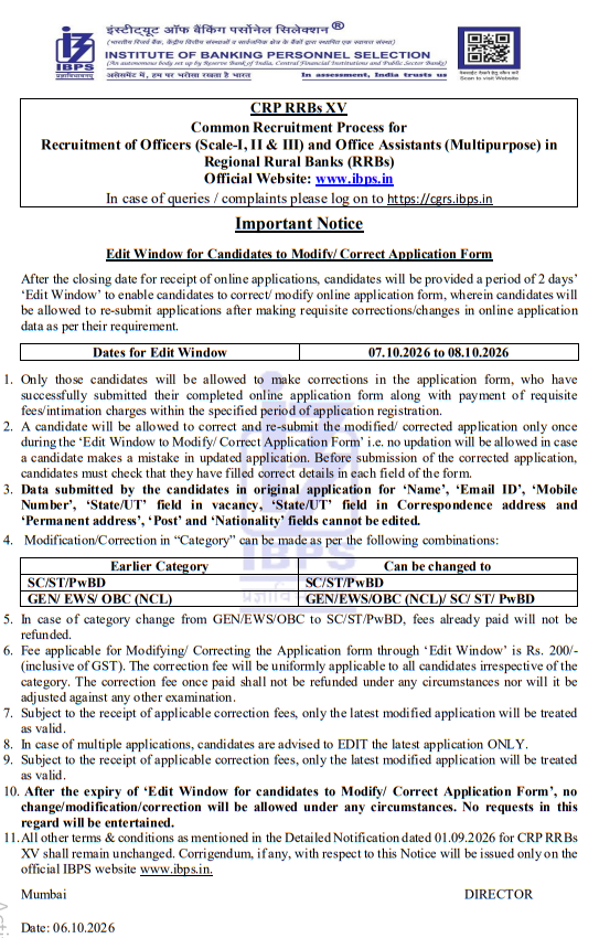IBPS RRB XV Edit Application Form 2026 Notice OUT for Office Assistant & Officer Scale I, II, III (PO) – Home_3.1