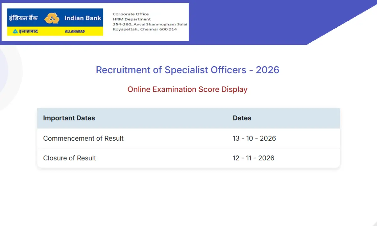 Indian Bank SO Score Card 2026 Out