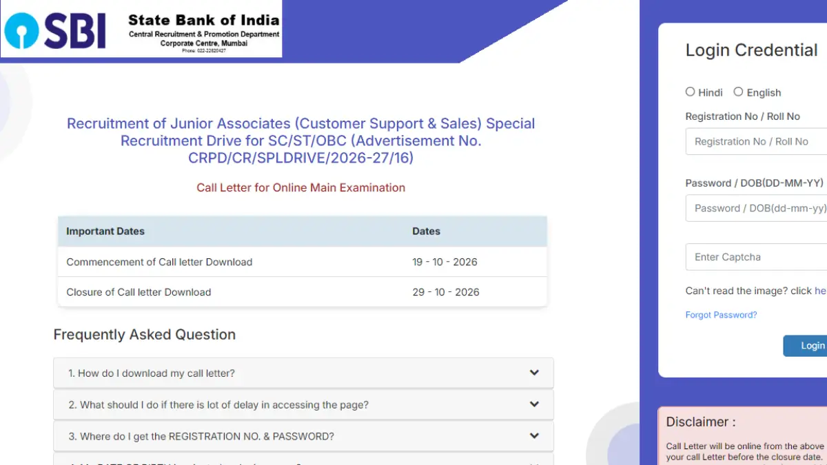 SBI Clerk Backlog Mains Admit Card 2026