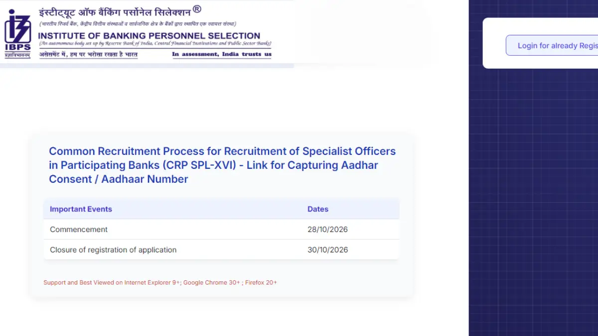 IBPS SO Aadhaar Consent Link 2026 Activated